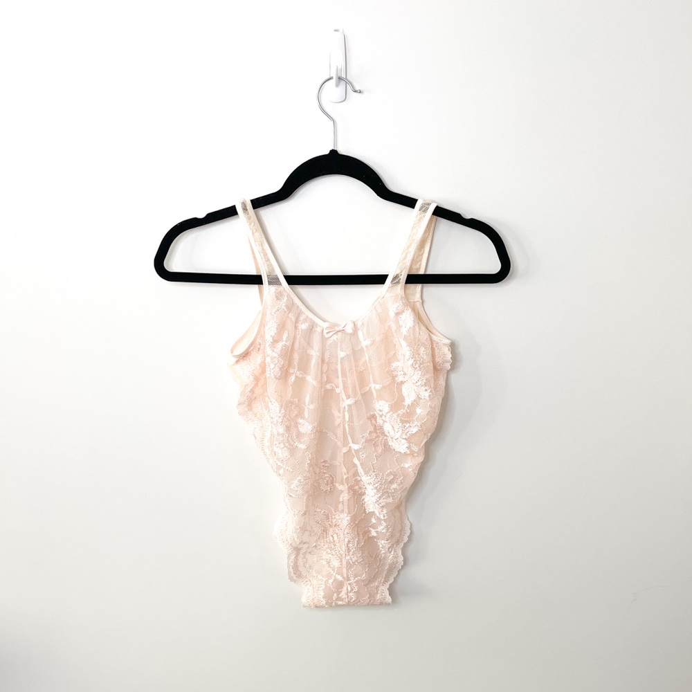 Vintage La Vie En Rose Pale Pink Floral Lace Lingerie Bodysuit Size Medium